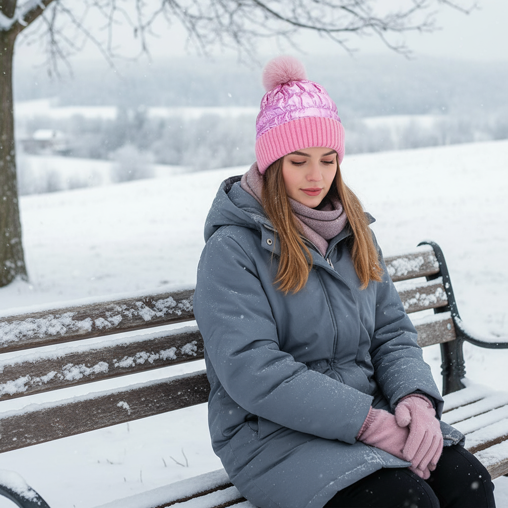 Metallic Puffer Beanie Quilted Thermal Sherpa Lined Winter Hat Faux Fur Pompom Cap