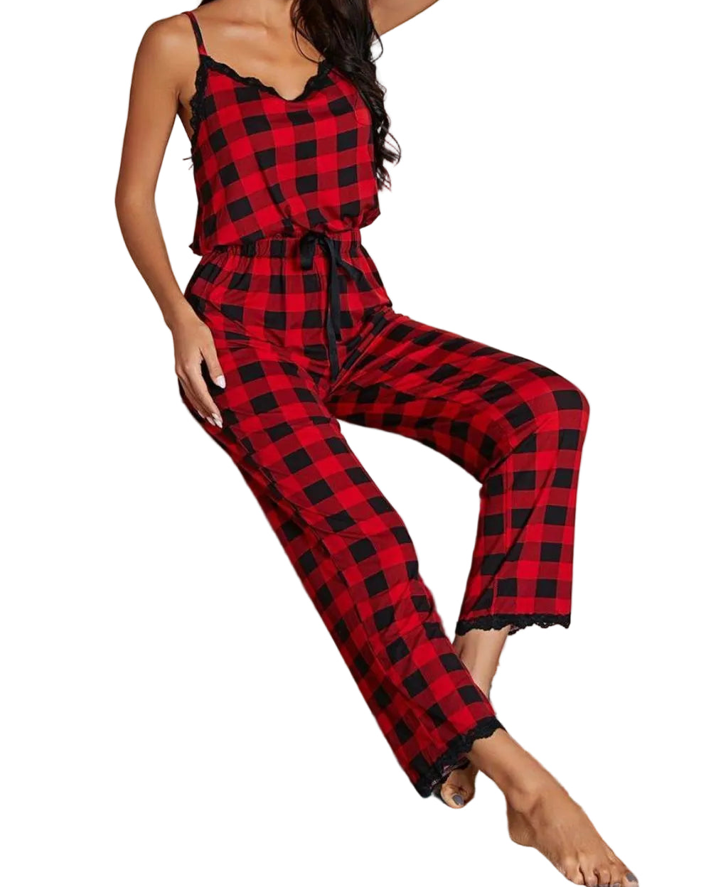 Buffalo Plaid One-Piece Lace Trim Elastic Drawstring Pant Jumpsuit Loungewear Sleepwear Outfit
