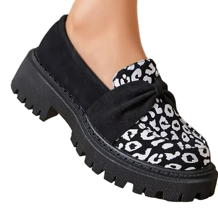 Leopard Bow Knot Top Round Toe Chunky Lug Loafers Retro Statement Slip-On Shoes
