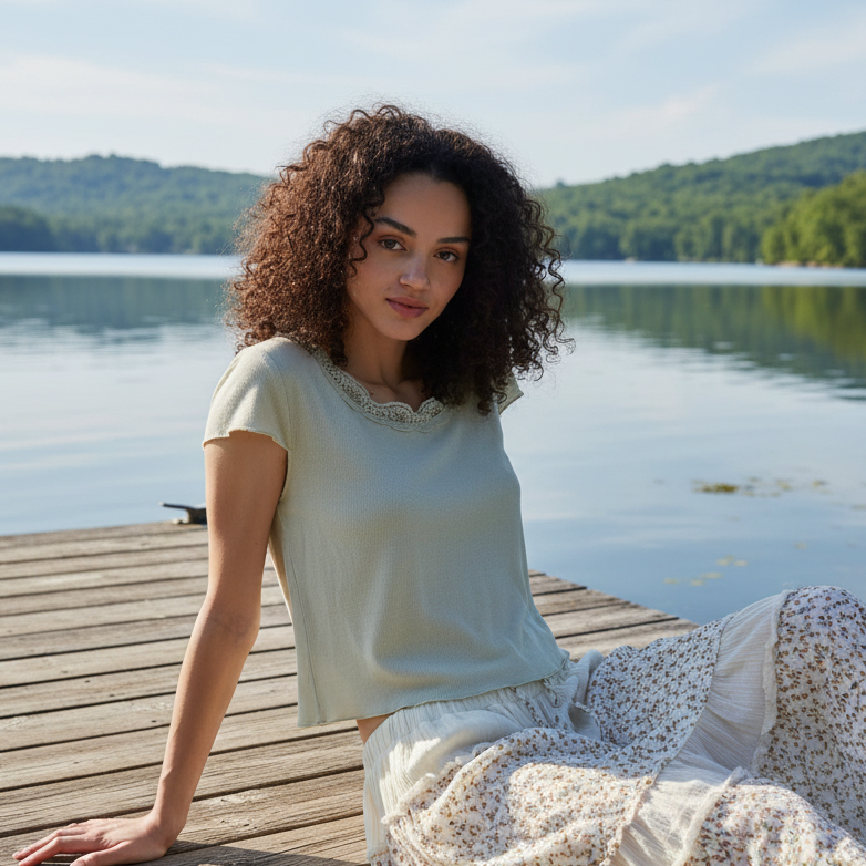 POL Lace Trim Round Neck Shirt Short Sleeve Ribbed Lightweight Boho Crop Top Tea Green