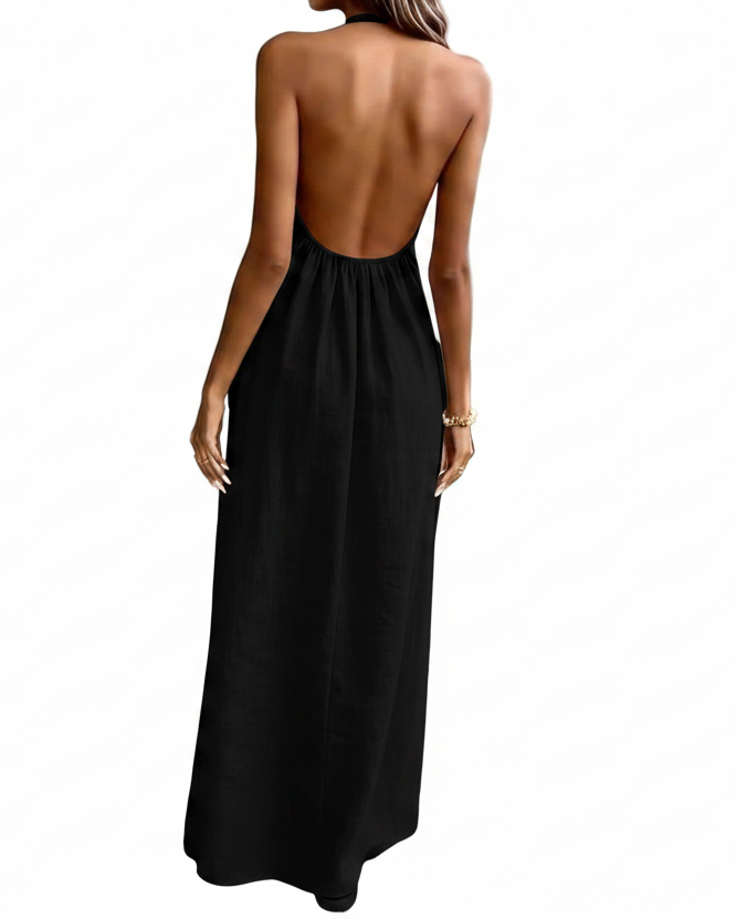 Pleated High Neck Halter Backless Relaxed Fit Drape Sleeveless Maxi Dress