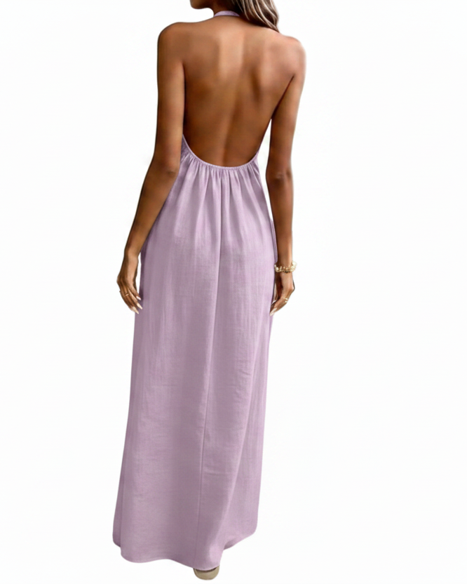 Pleated High Neck Halter Backless Relaxed Fit Drape Sleeveless Maxi Dress