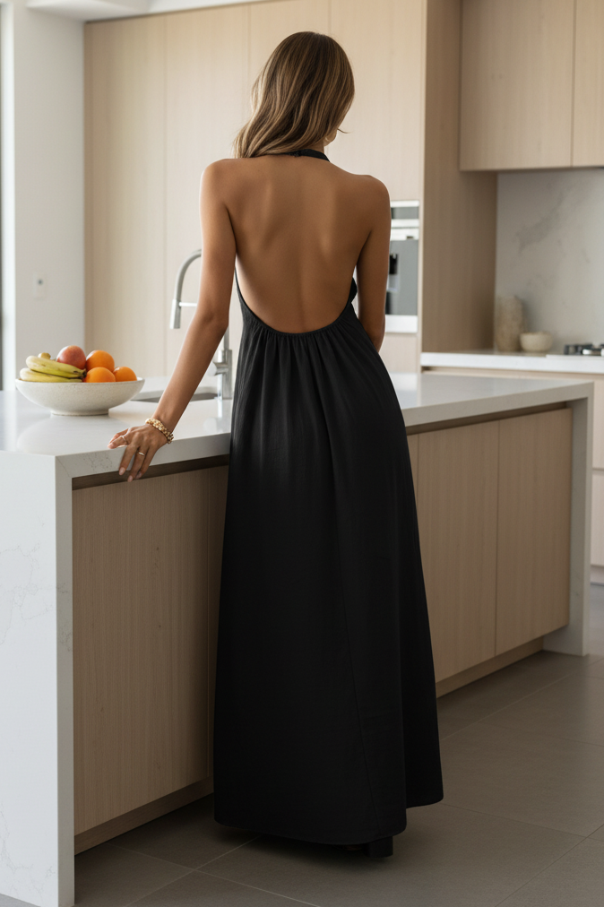 Pleated High Neck Halter Backless Relaxed Fit Drape Sleeveless Maxi Dress