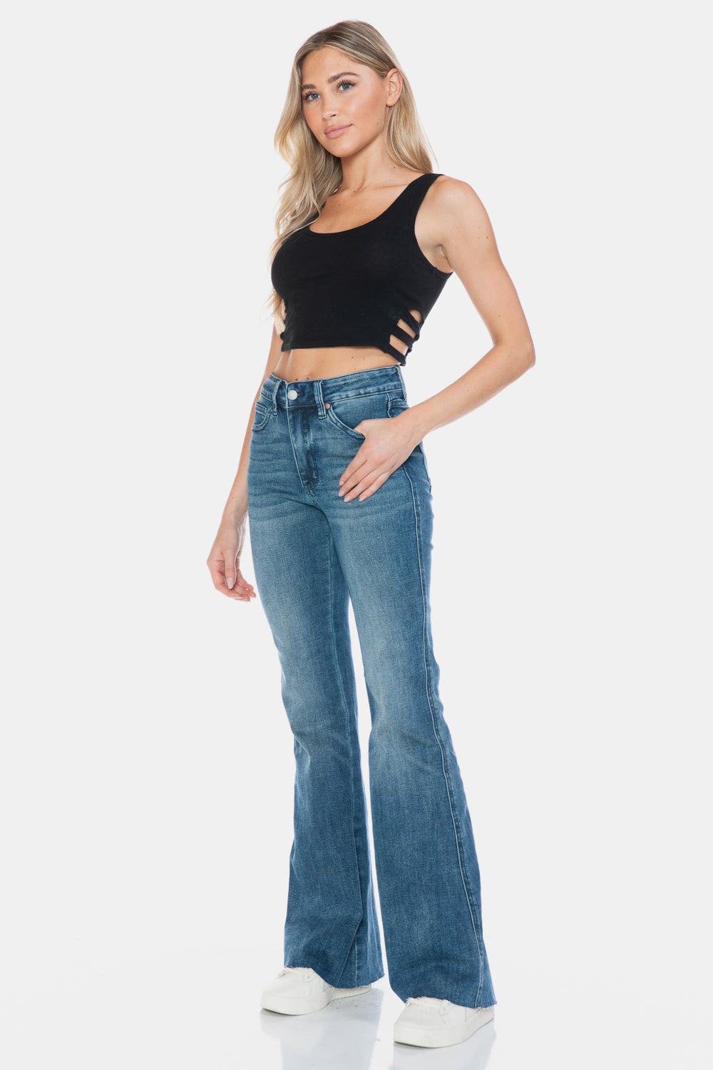 Judy Blue Tummy Control Mid-Rise Jeans Slim Fit Tapered Flare Cut-off Denim Pants