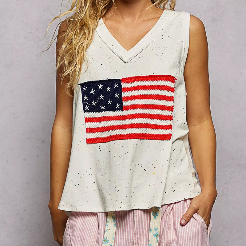 POL Crochet American Flag Patchwork Ribbed Tank Top V-Neck Sleeveless Shirt Off-white