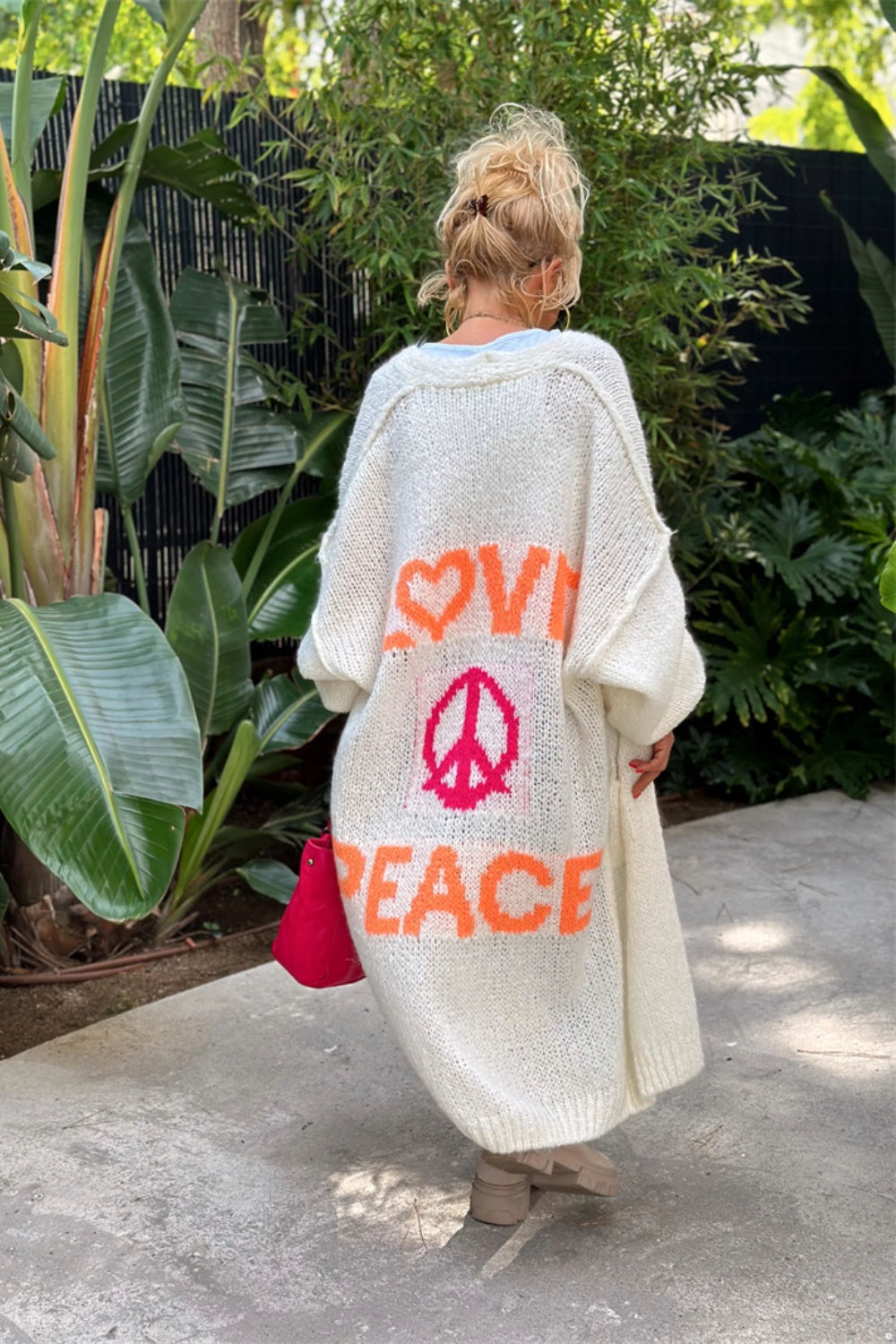 LOVE PEACE Oversized Knit Exposed Seam Longline Patch Pocket Duster Long Cardigan