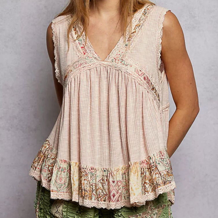POL Lace Trim Ribbed Sleeveless Tank Top Floral Patchwork Ruffle Babydoll Shirt Pale Pink