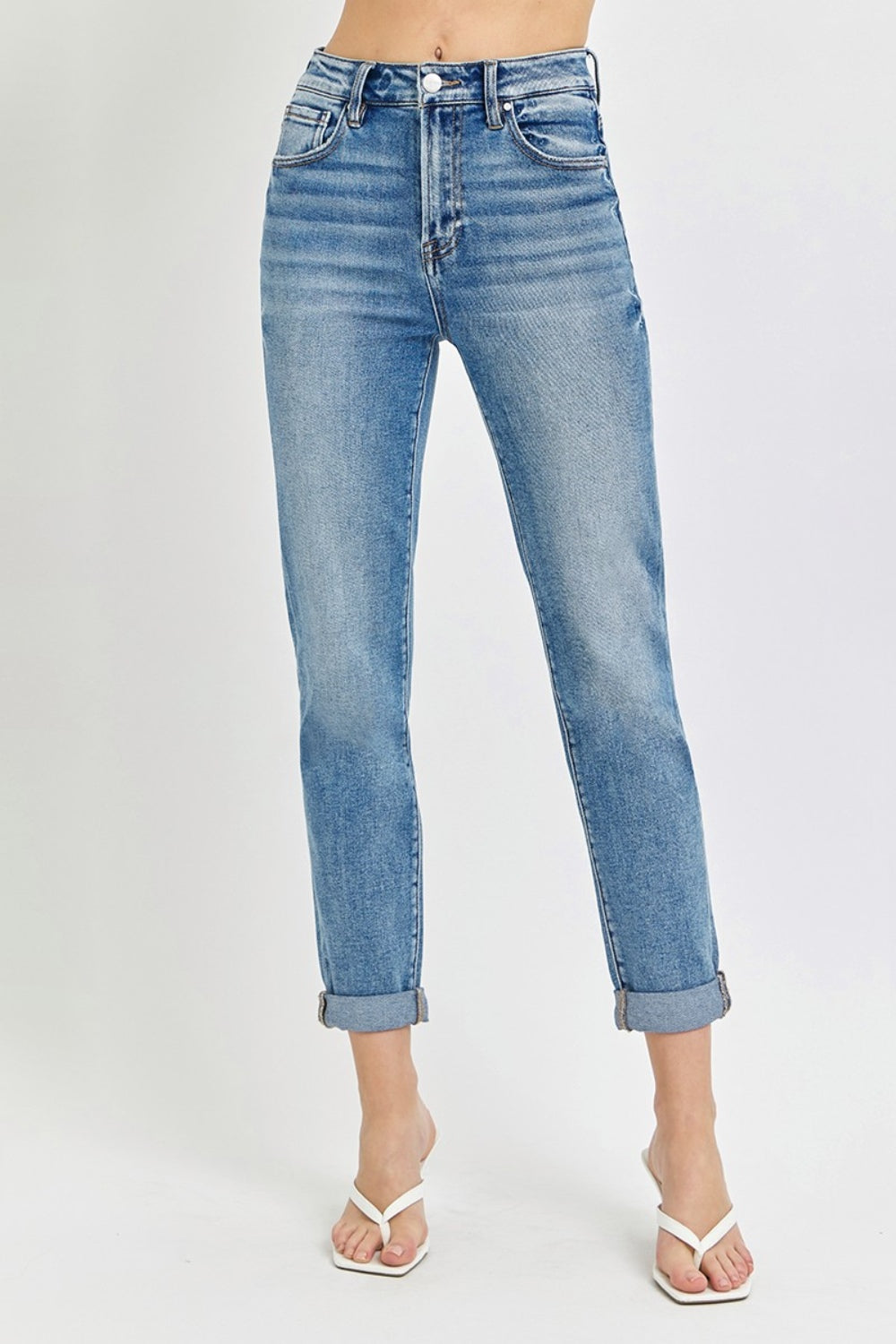 RISEN High-Rise Straight Leg Cuffed Rolled Up Cropped Hem Jeans Denim Pants