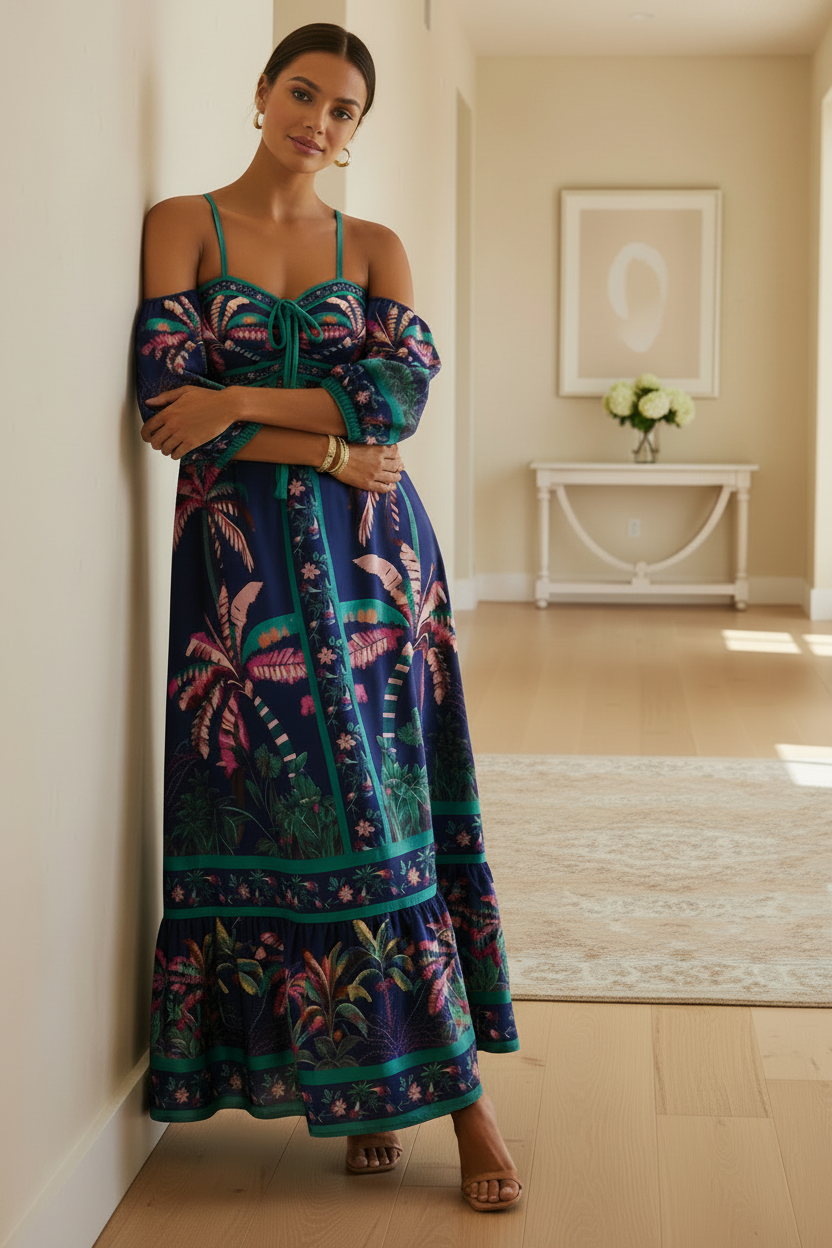 Tropical Bow Sweetheart Neck Puff Cold Shoulder Tiered Maxi Dress Smocked Back