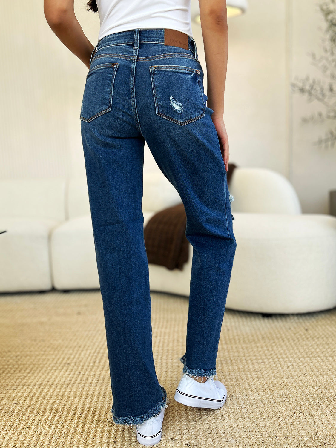 Mid-Rise Distressed Torn Mom Jeans Straight Leg Raw Hem Denim Pants Judy Blue