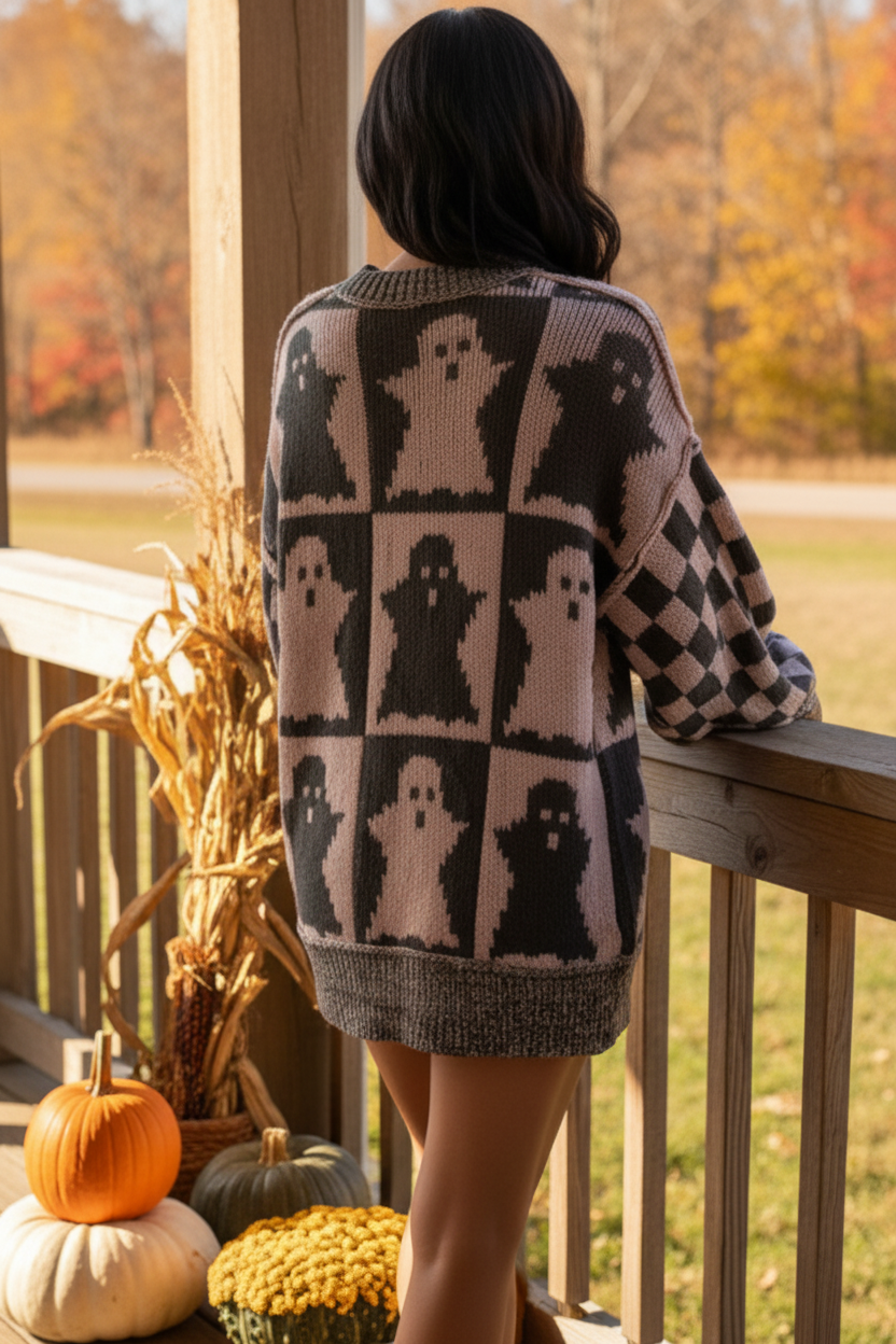 Ghost Checker Exposed Seam Boxy Pullover Oversized Colorblock Halloween Sweater