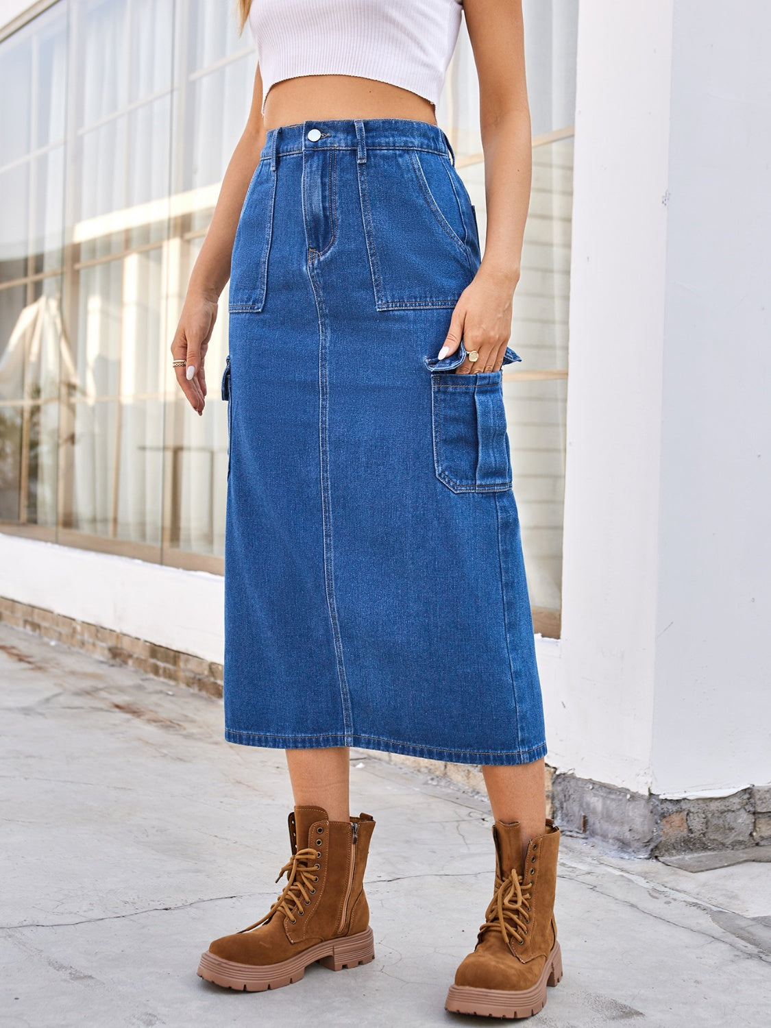 High-Rise Midi Retro Cargo Side Pocket Elastic Waist Denim Blue Jean Back Slit Skirt