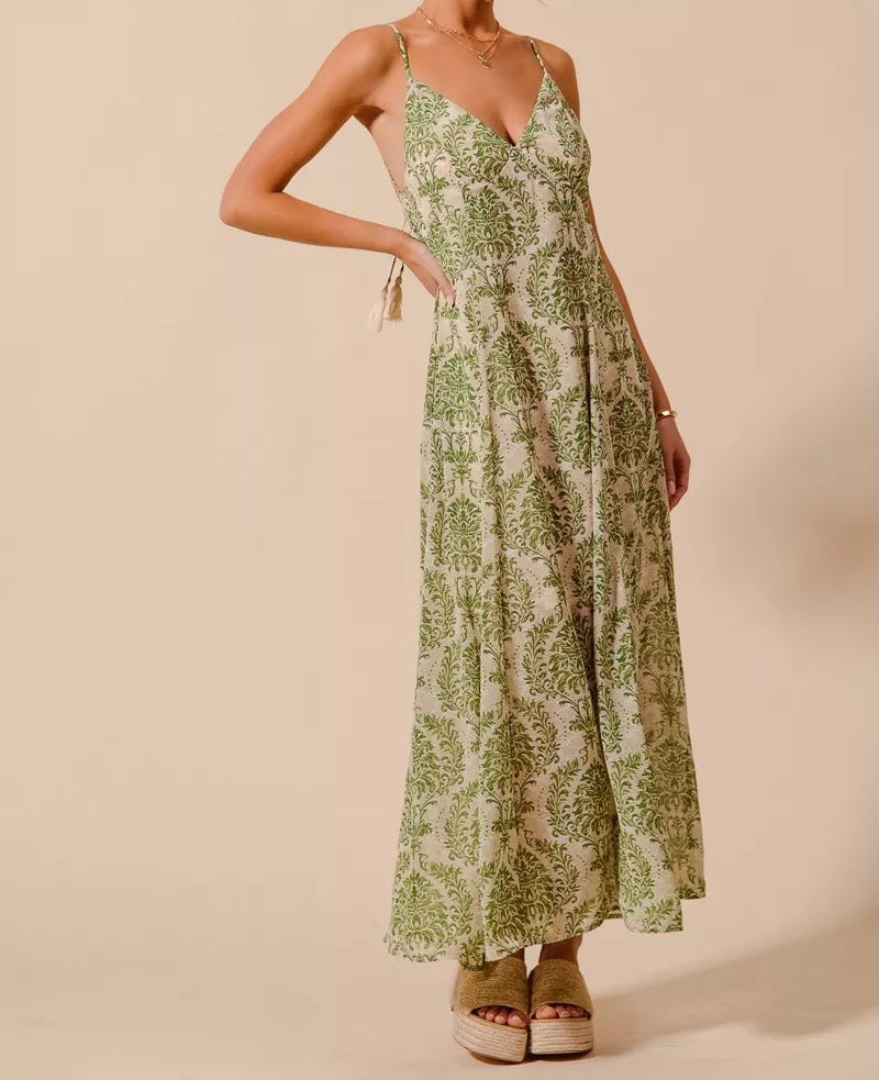 SO ME Damask Floral Boho Open Back Spaghetti Tassel Strap V-Neck Maxi Dress Sage Green