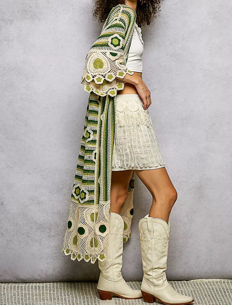 POL Patchwork Crochet Floral Openwork Knit Longline Cardigan 3/4 Sleeve Duster Green