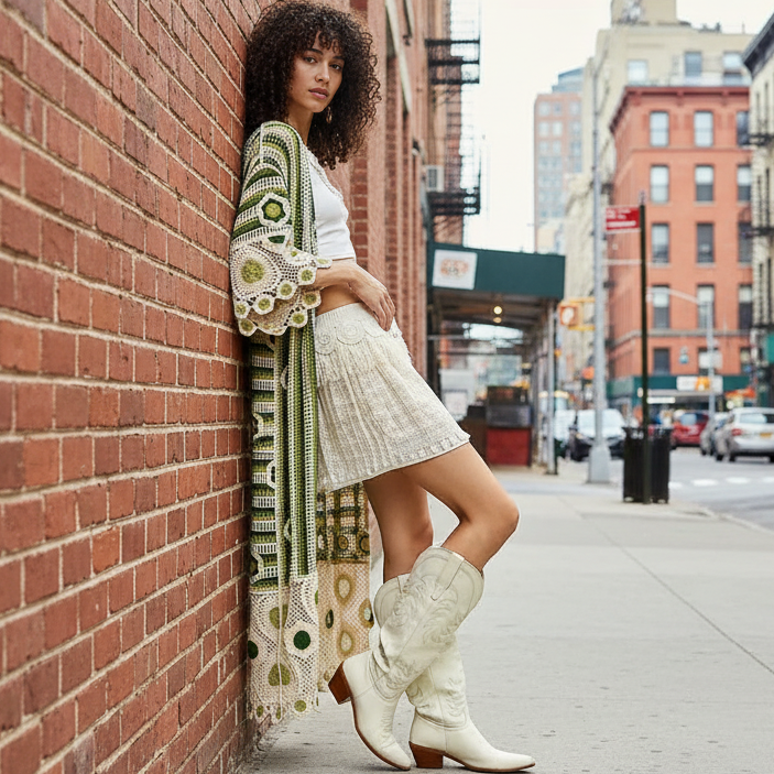 POL Patchwork Crochet Floral Openwork Knit Longline Cardigan 3/4 Sleeve Duster Green