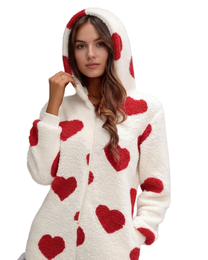 Fuzzy Sherpa Heart Hooded Zip-Up Teddy Sherpa One-Piece Loungewear Jumpsuit