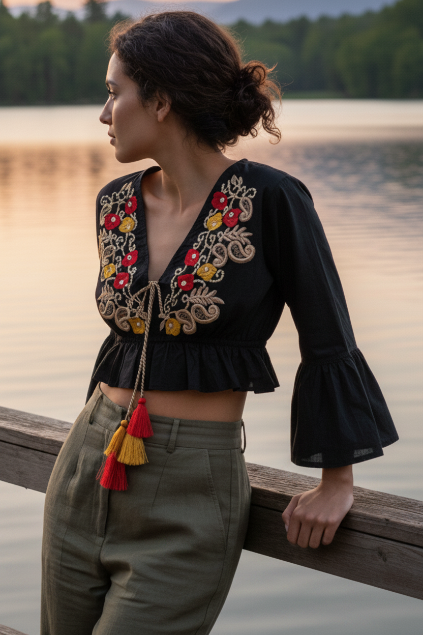 POL Cotton Beaded Tassel Tie Embroidered Floral Peasant Blouse Cropped Ruffle Hem Top Black