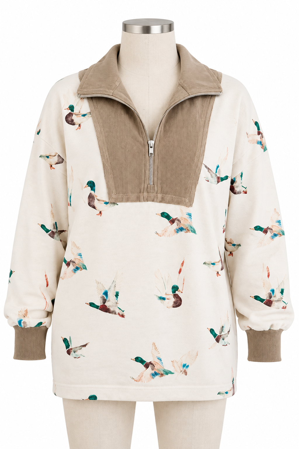 Mallard Duck Quarter-Zip Southern Oversized Sweatshirt Ribbed Collar Country Western Pullover