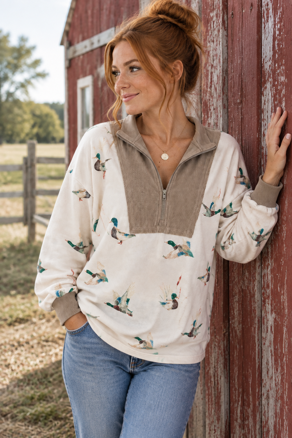 Mallard Duck Quarter-Zip Southern Oversized Sweatshirt Ribbed Collar Country Western Pullover