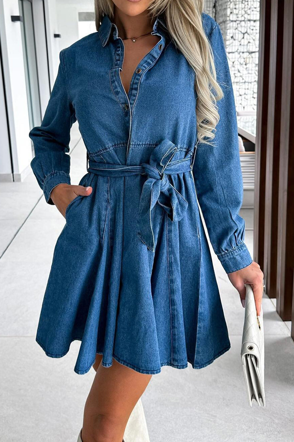 Retro Mini Pocket Denim Dress Collar Long Sleeve Button Front Belted Blue Jean