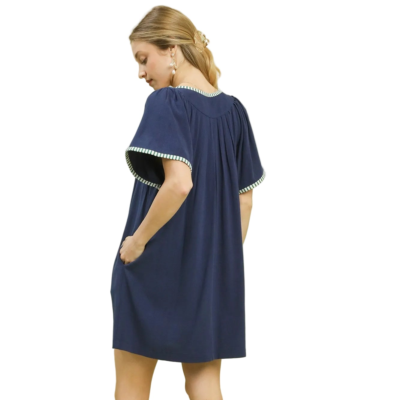 Umgee Contrast Trim Embroidered V-Neck Pleated Short Sleeve Linen Tunic Mini Dress