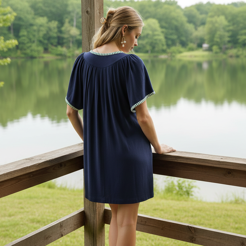 Umgee Contrast Trim Embroidered V-Neck Pleated Short Sleeve Linen Tunic Mini Dress