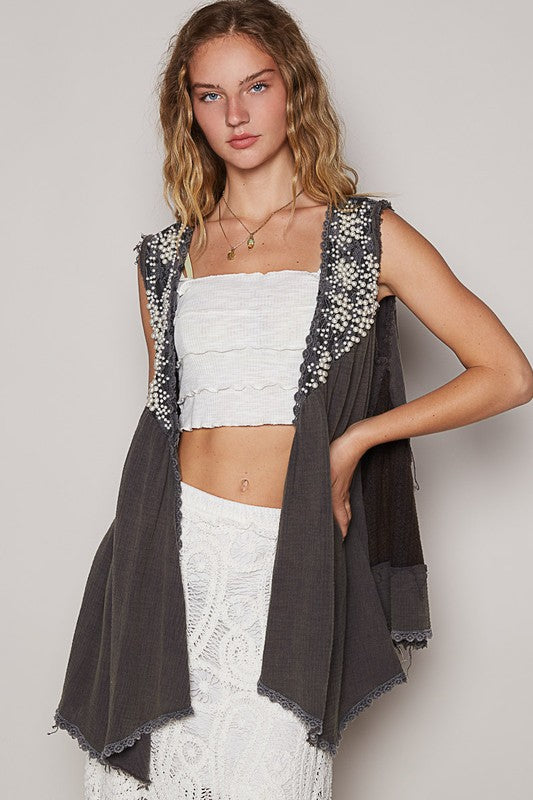 POL Lace Pearl Embroidered Patchwork Boho Vest Gauze Raw Hem Sleeveless Cardigan Charcoal Gray