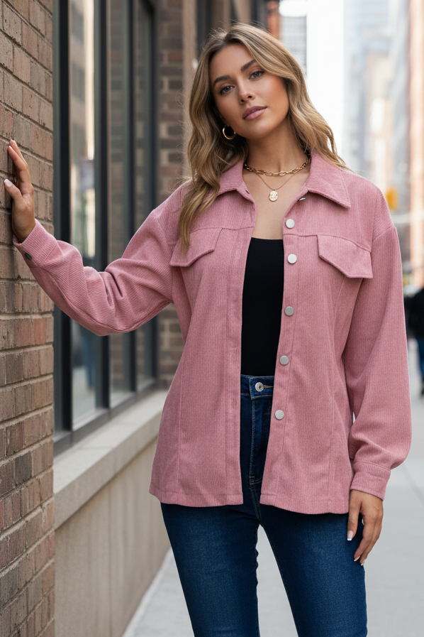 Retro Corduroy Button-Down Collared Shacket Lightweight Chest Pocket Jacket