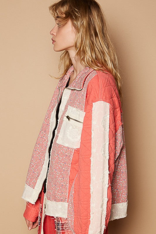 POL Quilted Granny Retro Floral Patchwork Oversized Pocket Zip-up Boho Jacket