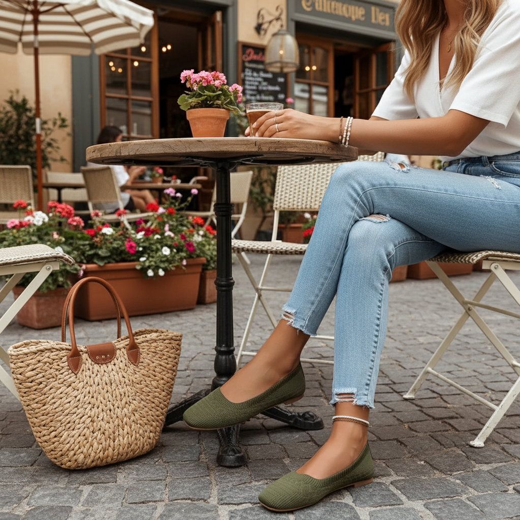 Mesh Knit Square Toe Slip-On Ballet Flats Breathable Lightweight Casual Shoes