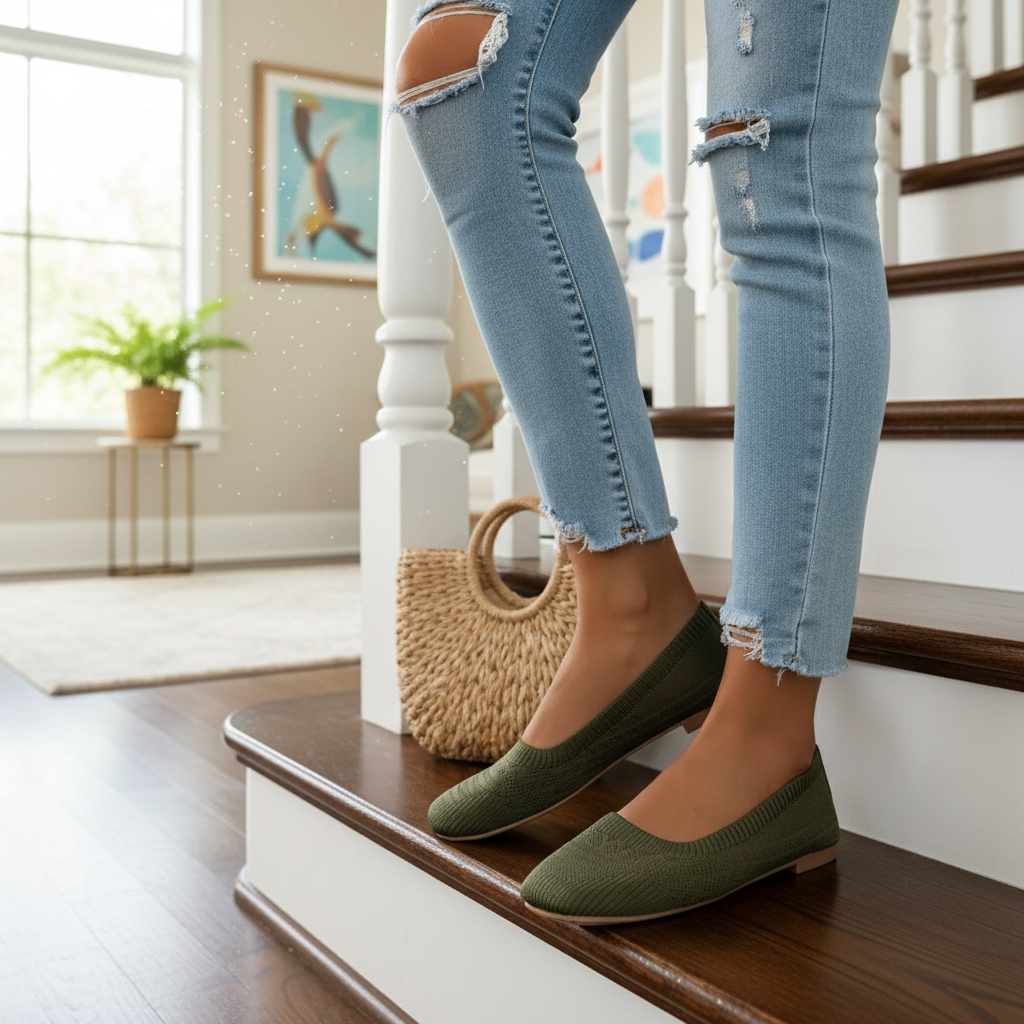 Mesh Knit Square Toe Slip-On Ballet Flats Breathable Lightweight Casual Shoes