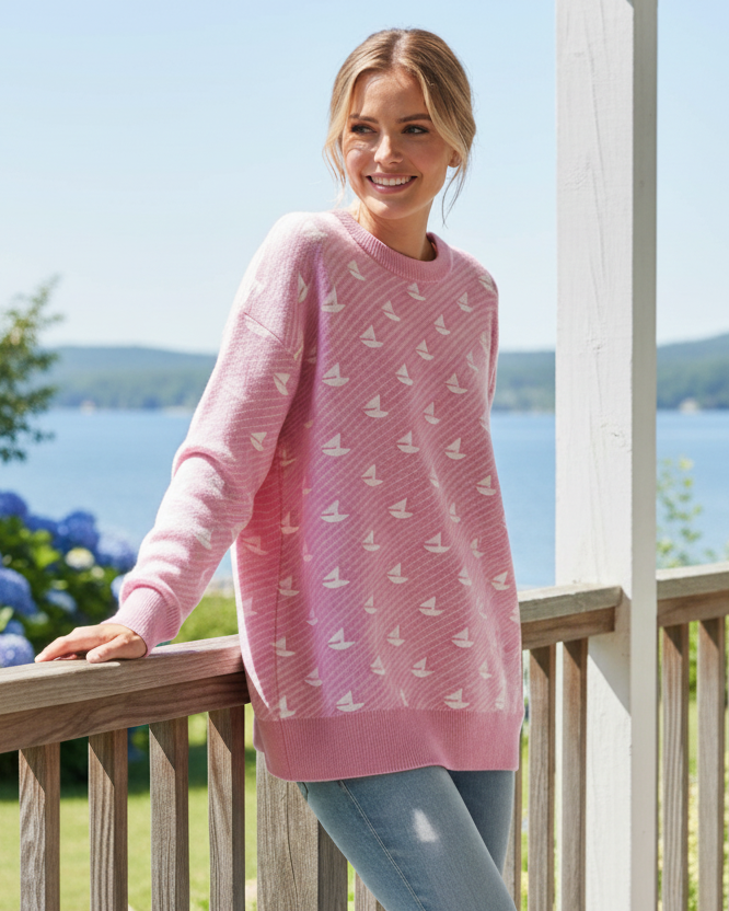 Sailboat Nautical Oversized Fit Crew Neck Long Sleeve Coastal Pullover Sweater