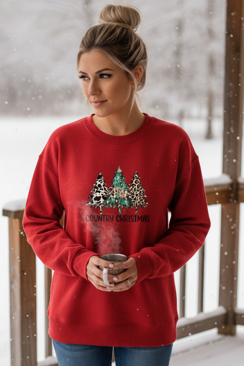 Country Christmas Animal Tree Western Cowgirl Top Crew Neck Pullover Sweatshirt