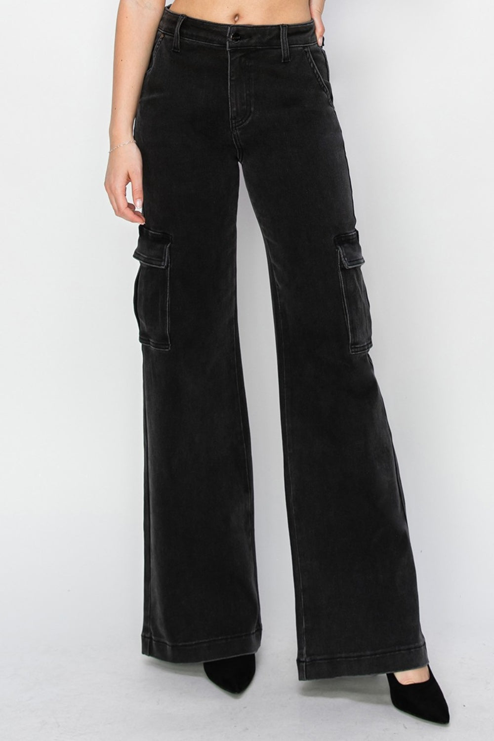 RISEN Cargo High-Rise Waist Boyfriend Denim Relaxed Wide Leg Utility Jean Pants