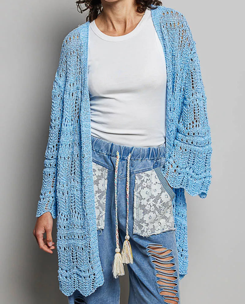 POL Openwork Granny Knit Scalloped Edge Long Sleeve Open Front Cardigan Sky Blue