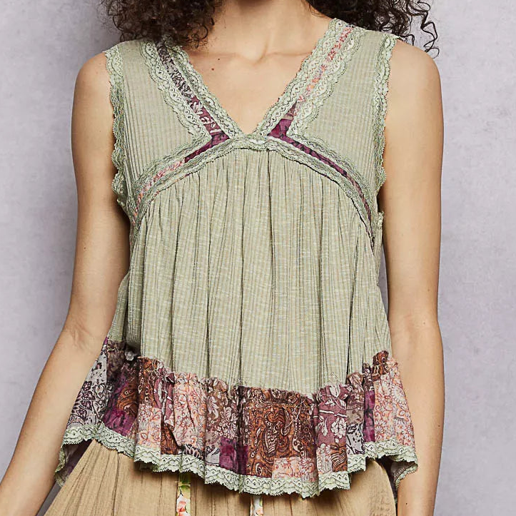 POL Lace Trim Ribbed Sleeveless Tank Top Floral Patchwork Blouse Ruffle Babydoll Shirt Olive Green