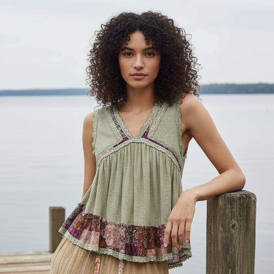 POL Lace Trim Ribbed Sleeveless Tank Top Floral Patchwork Blouse Ruffle Babydoll Shirt Olive Green