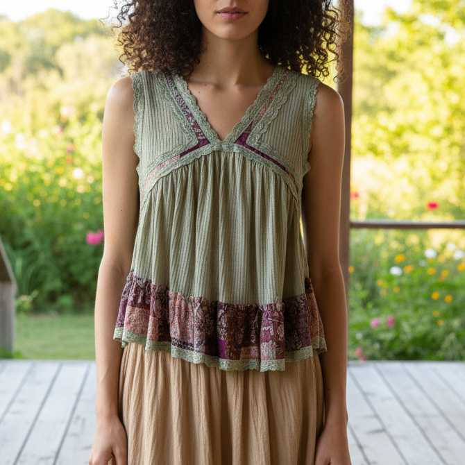 POL Lace Trim Ribbed Sleeveless Tank Top Floral Patchwork Blouse Ruffle Babydoll Shirt Olive Green