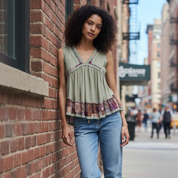POL Lace Trim Ribbed Sleeveless Tank Top Floral Patchwork Blouse Ruffle Babydoll Shirt Olive Green