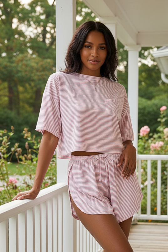 Loungewear 2-Piece Pajama Set Tee Shirt Drawstring Tulip Envelope Curved Hem High-cut Dolphin Shorts Sleepwear