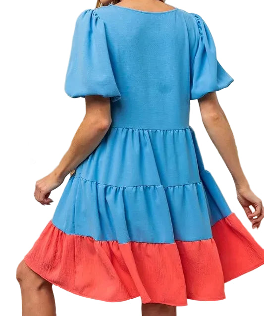 BiBi Colorblock Balloon Sleeve Scoop Neck Tiered Ruffle Babydoll Mini Dress Sky Blue