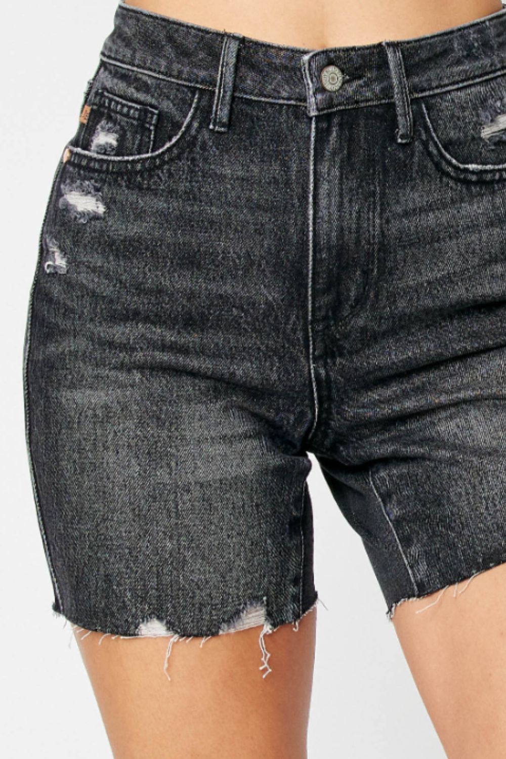 High Rise Tummy Control Denim Slim Black Distressed Frayed Jean Shorts Judy Blue