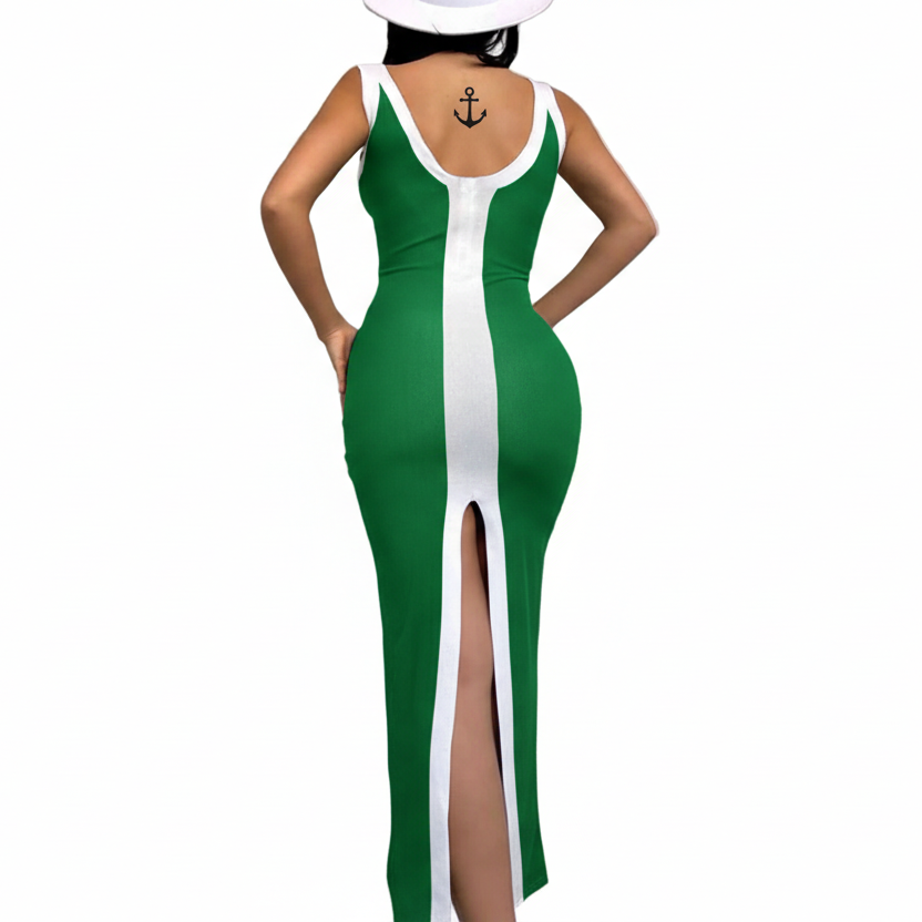 Contrast Colorblock Scoop Neck Fitted Sleeveless Bodycon Back Slit Midi Dress