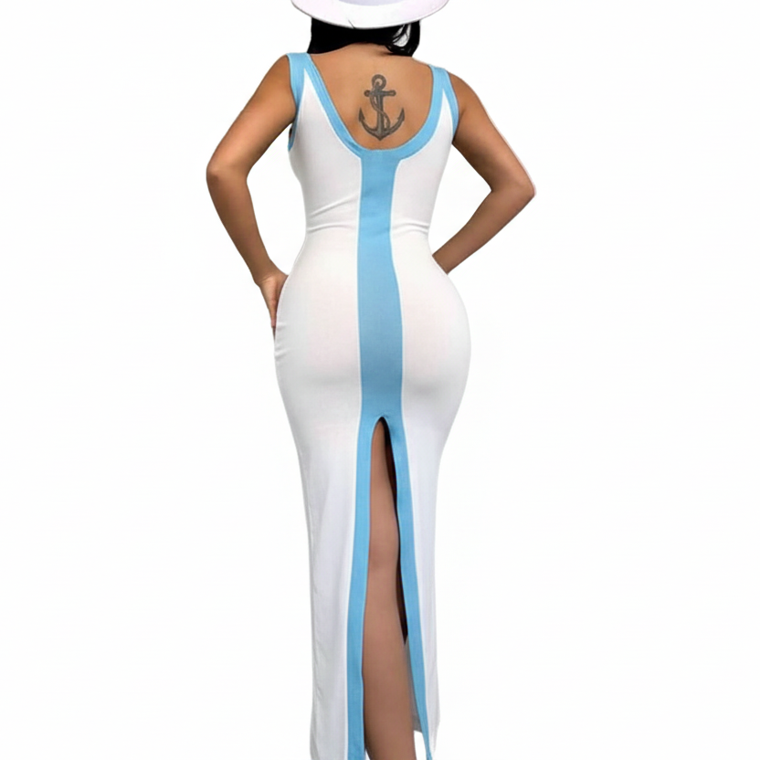 Contrast Colorblock Scoop Neck Fitted Sleeveless Bodycon Back Slit Midi Dress