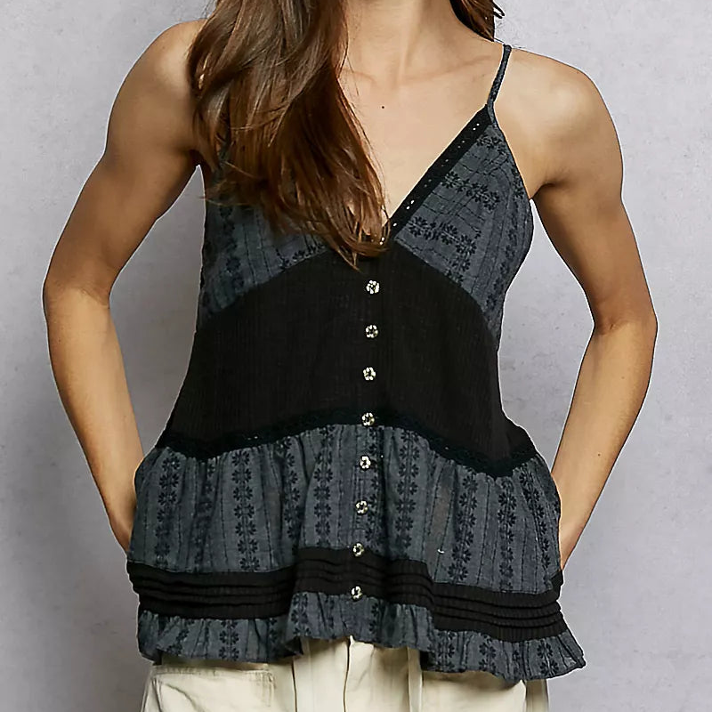 POL Ruffle Cami Top Pintuck Seams Boho Patchwork Sleeveless Metallic Button Shirt Black