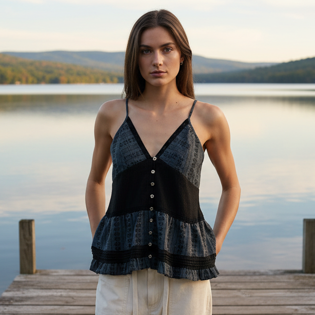 POL Ruffle Cami Top Pintuck Seams Boho Patchwork Sleeveless Metallic Button Shirt Black