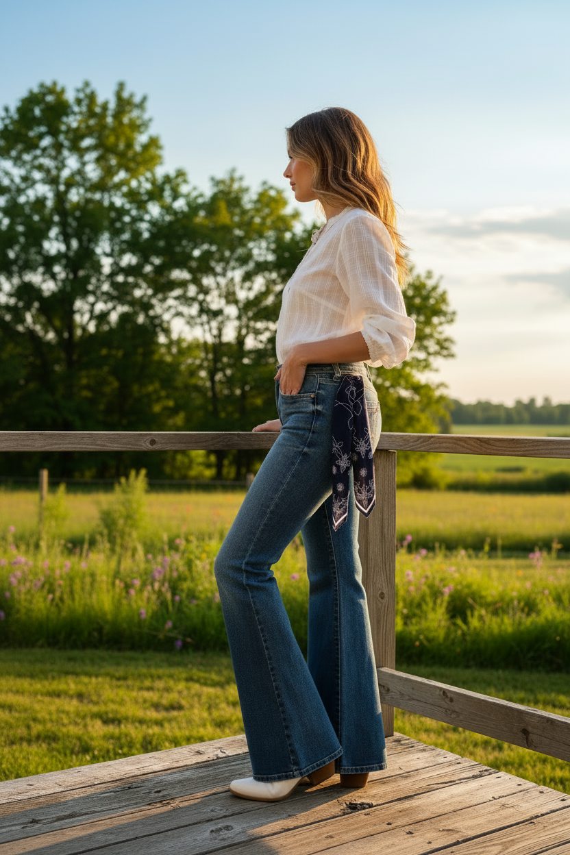 Judy Blue Mid-Rise Jaqueline Slim Fit Flare Leg Retro Pants Western Denim Jeans