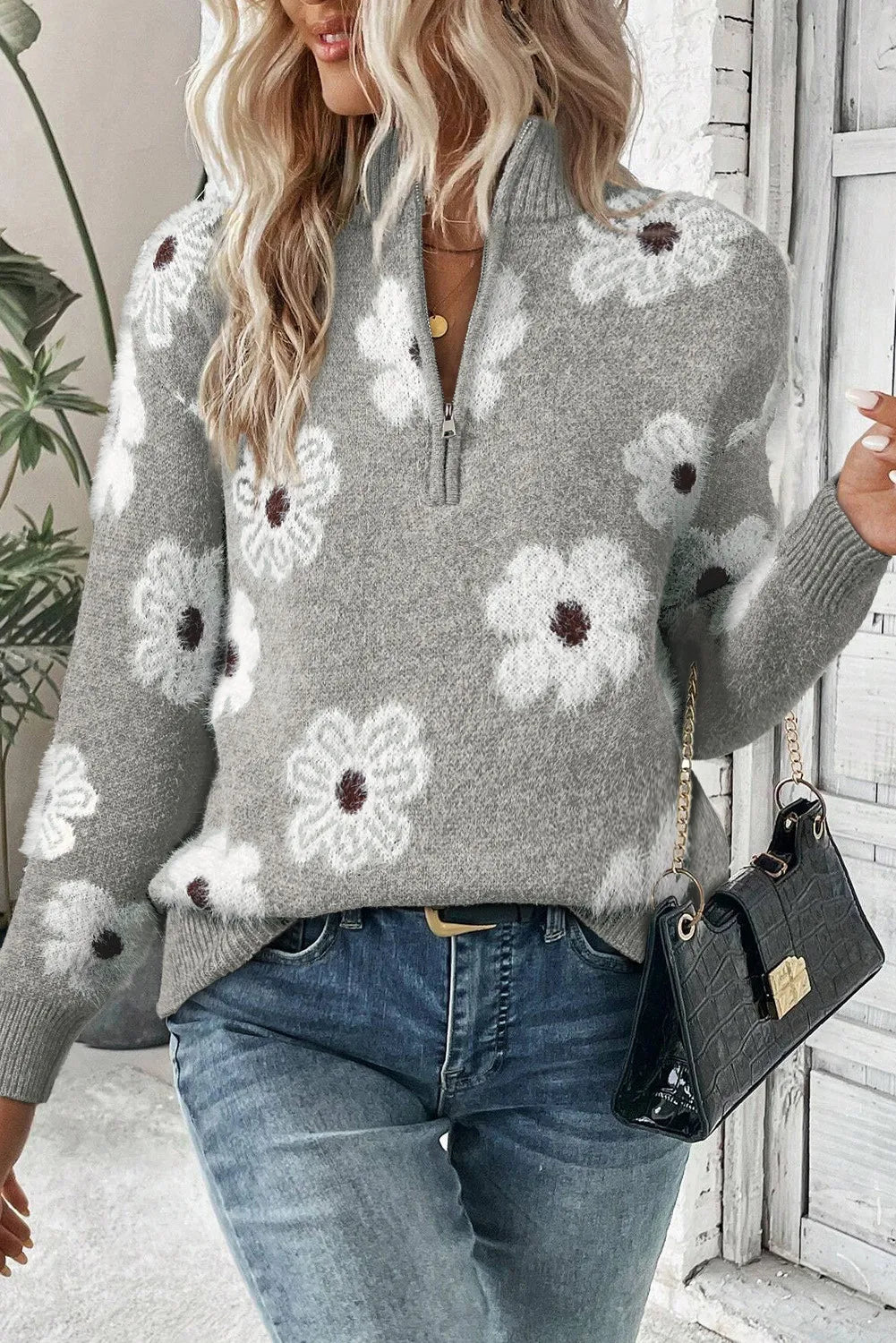 Fuzzy Half-Zip Pullover Daisy Retro Flower Top Eyelash Knit Henley Neck Sweater Shirt