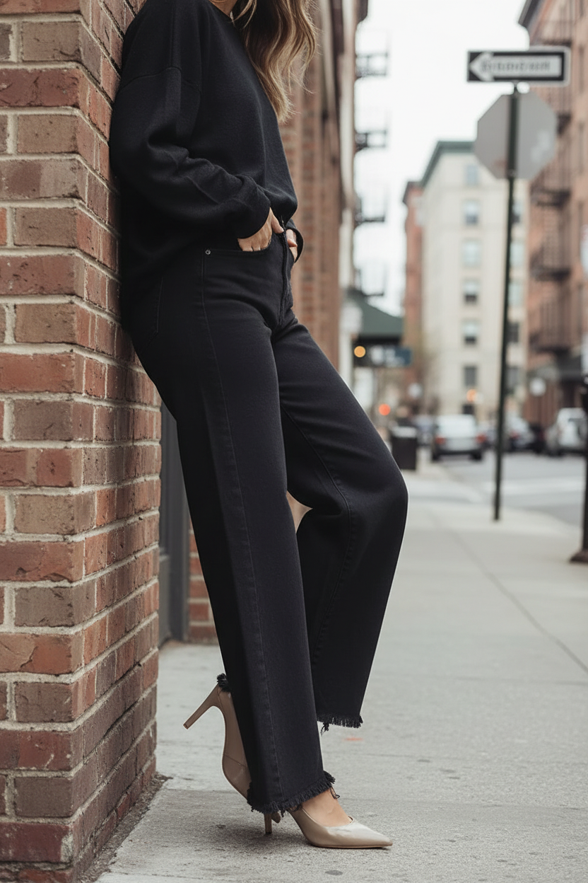 Risen Tummy Control High-Rise Palazzo Wide Leg Jeans Frayed Hem Denim Pants