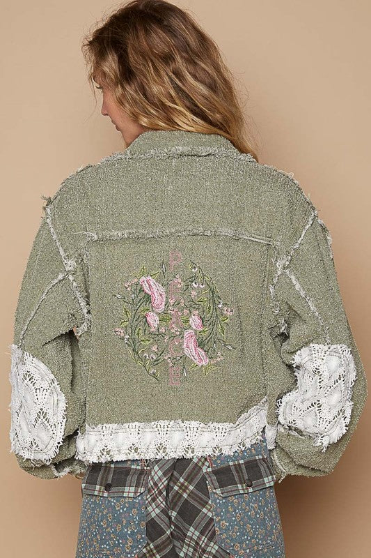 POL Peace Embroidered Floral Crochet Knit Frayed Patchwork Boho Button-up Jacket